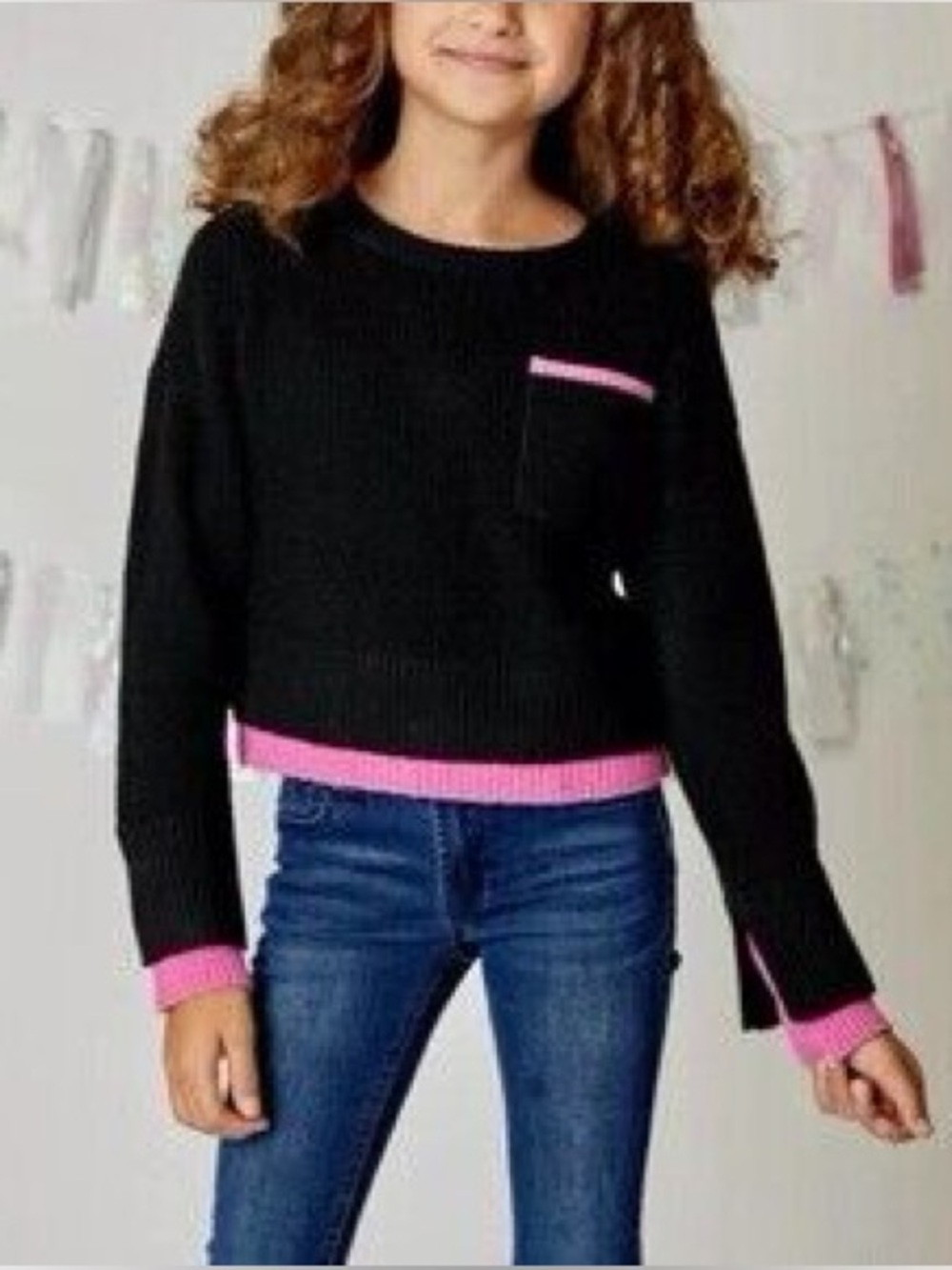 Girls Design History Black Sweater with Pink Trim size S (6-7)